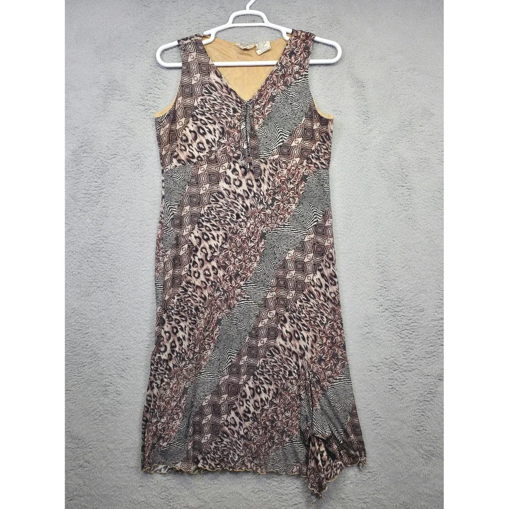 Vintage Kathie Lee Dress Womens XL Brown Patchwork Animal Print Floral Tie Neck‎